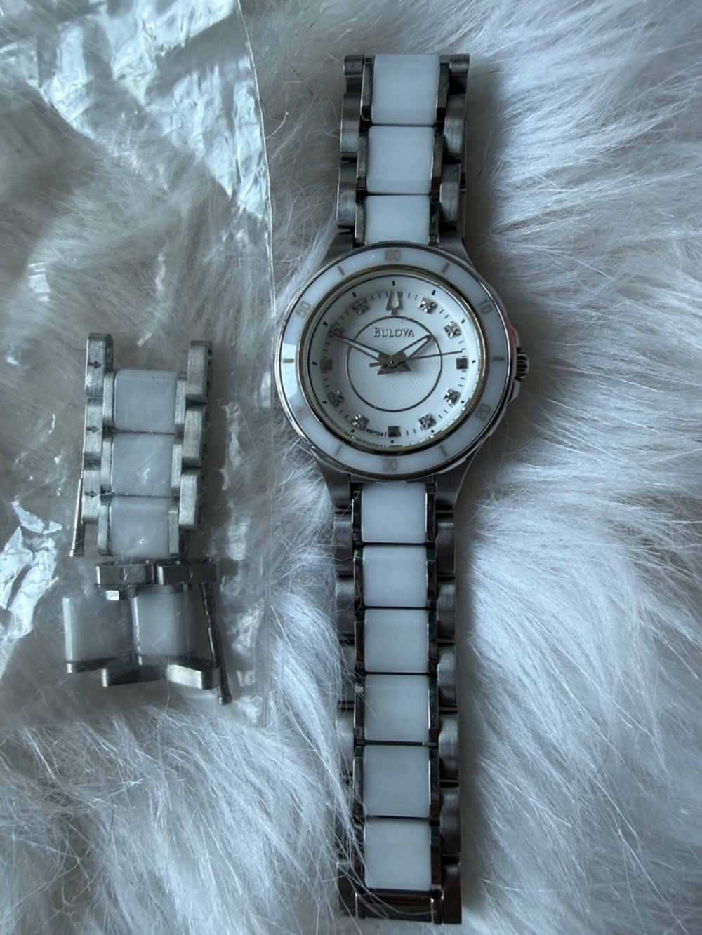 Bulova Women's 98P124 White Diamond Markers Ceramic Stainless Steel Watch
